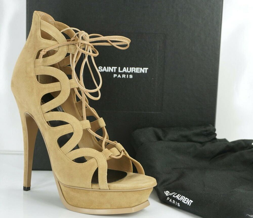 Saint Laurent Suede Tribute Cut Out Platform Caged Sandals Size 40 10 Strap New